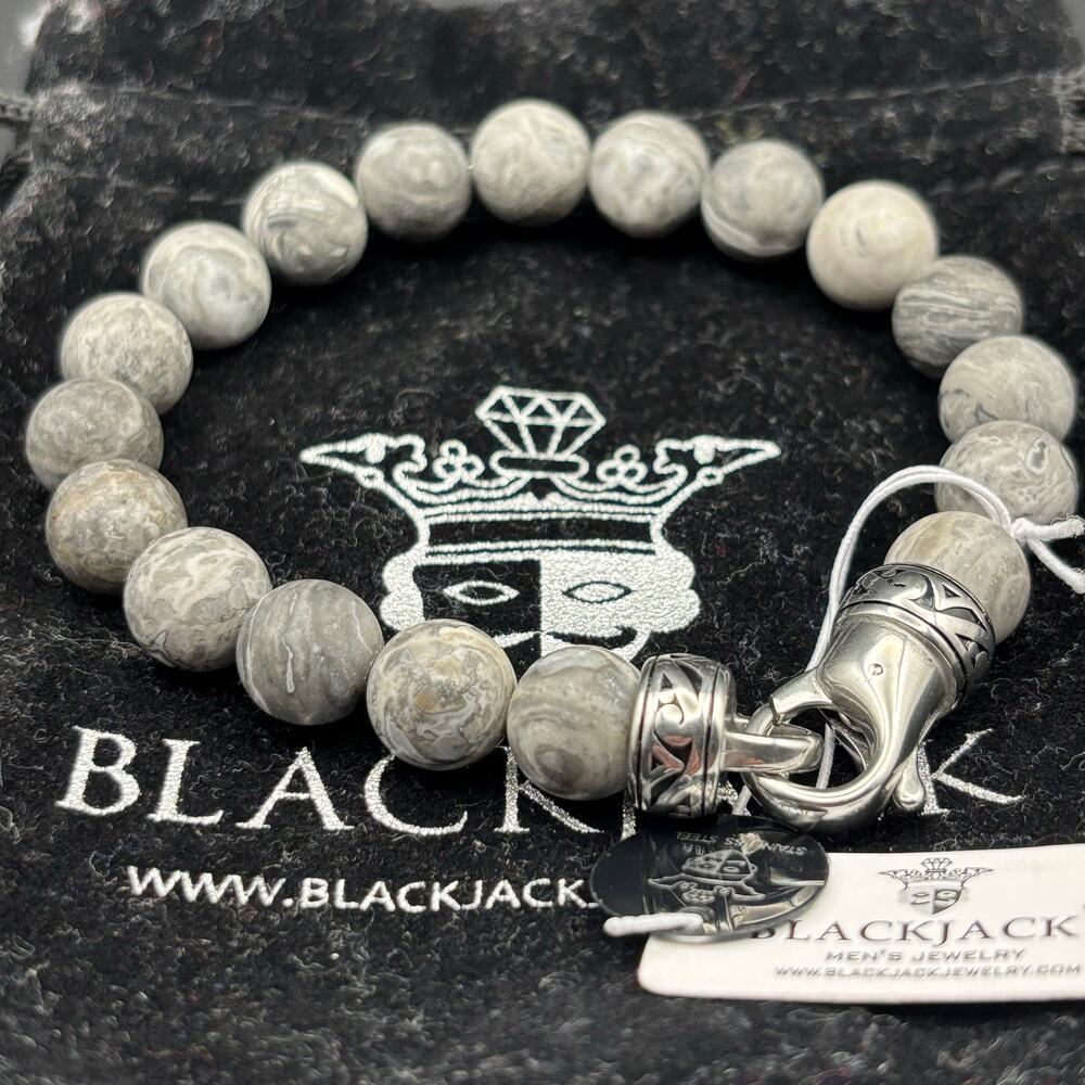 Blackjack BJB244BJ Men’s 10mm Gray Jasper Stainless Steel Beaded Bracelet NWT